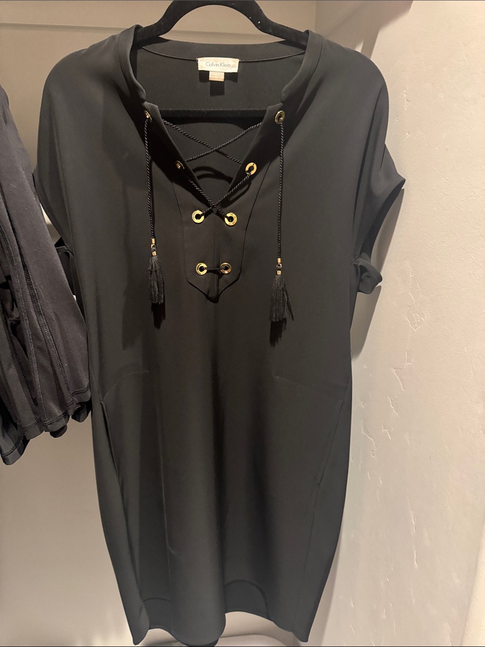 Calvin Klein Black Lace-Up Tunic Dress with Gold Eyelets